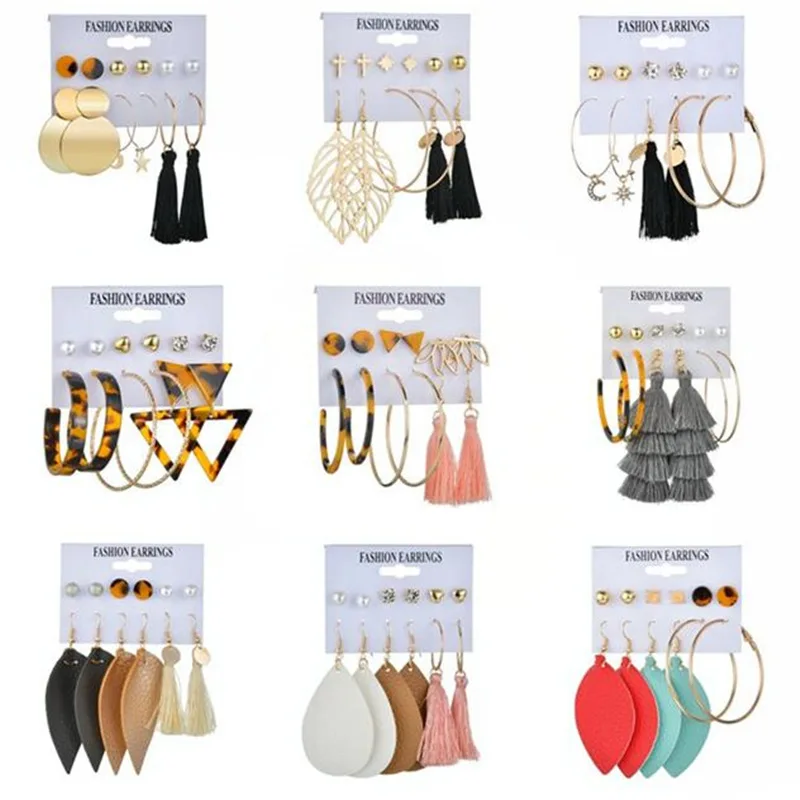 

6-Pairs Popular Leaves Earrings Geometric Acrylic Plate Tassel Ear Stud Pearl Bling Hoop Fashion Jewelry Gifts for Female