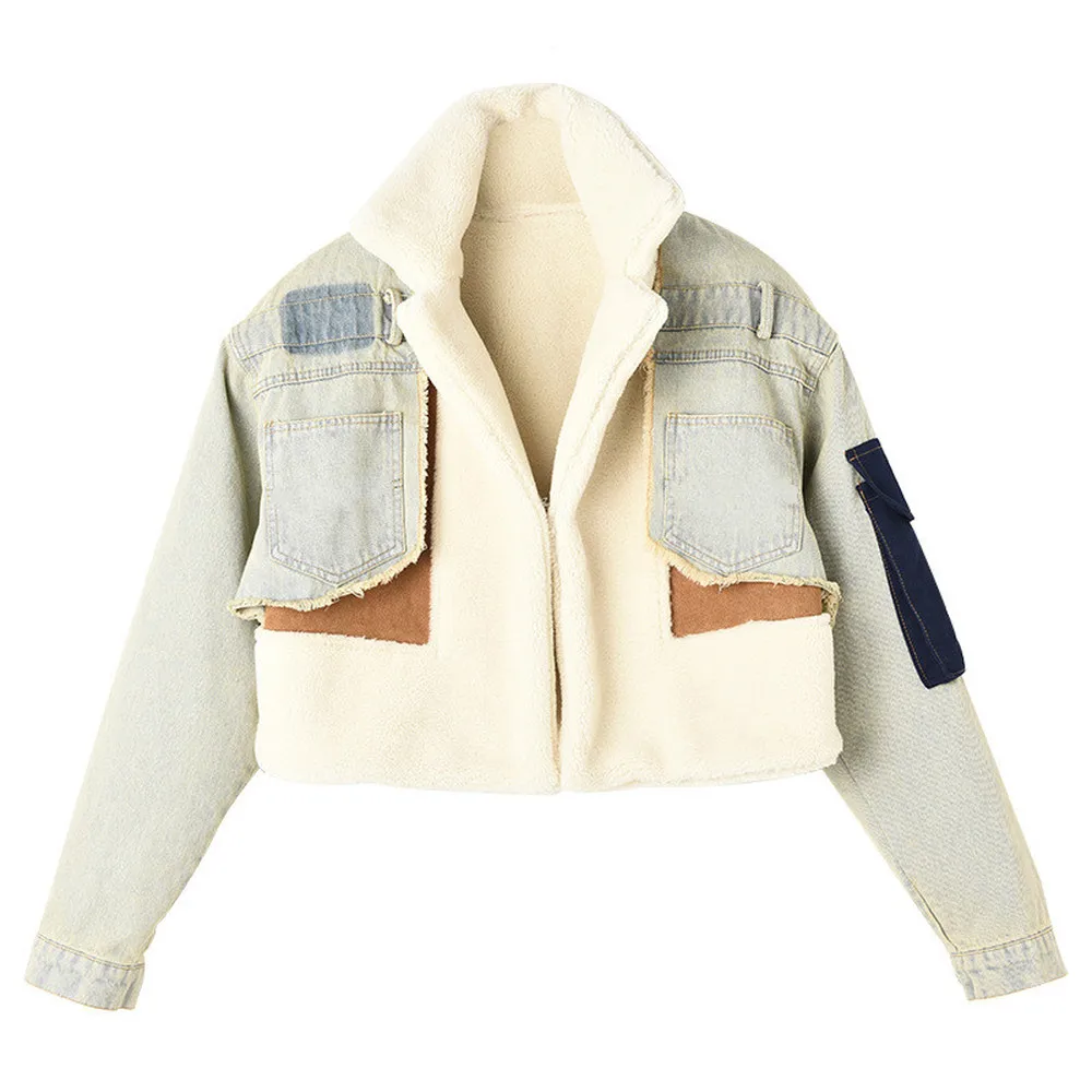 

Hot Sale Womens Denim Jeans Stitching Lambwool Fleece Liner Jacket Coats Thick Warm Winter Peacoat Outwear Lapel Collar Slim