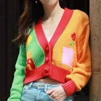 2021 autumn winter knitting sweater women elegant sweet flower embroidery v neck cardigan outwear color contrast sweater