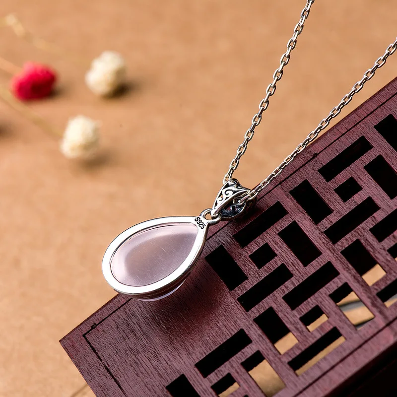 

EarringEarring925 Silver Rose Quartz Pendant For Women Natural Gemstone Water Drop Shape Necklaces & Pendants Colgante Mujer