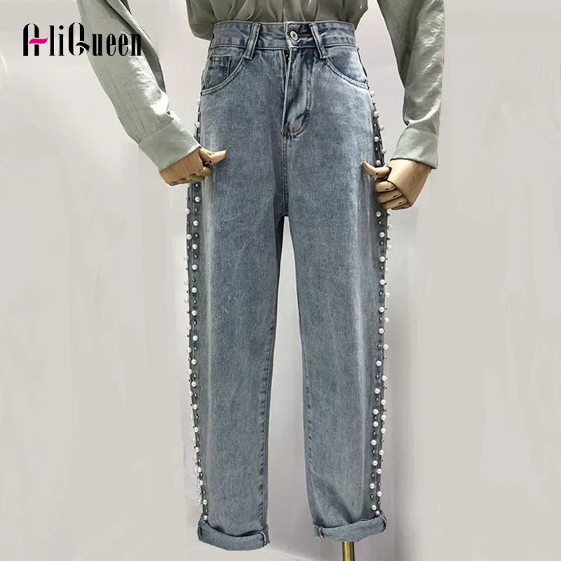 

2023 Женские повседневные свободные прямые ковбойские джинсовые брюки с высокой талией, винтажные джинсы с бусинами и жемчужинами, брюки бриджи 5XL, уличная одежда