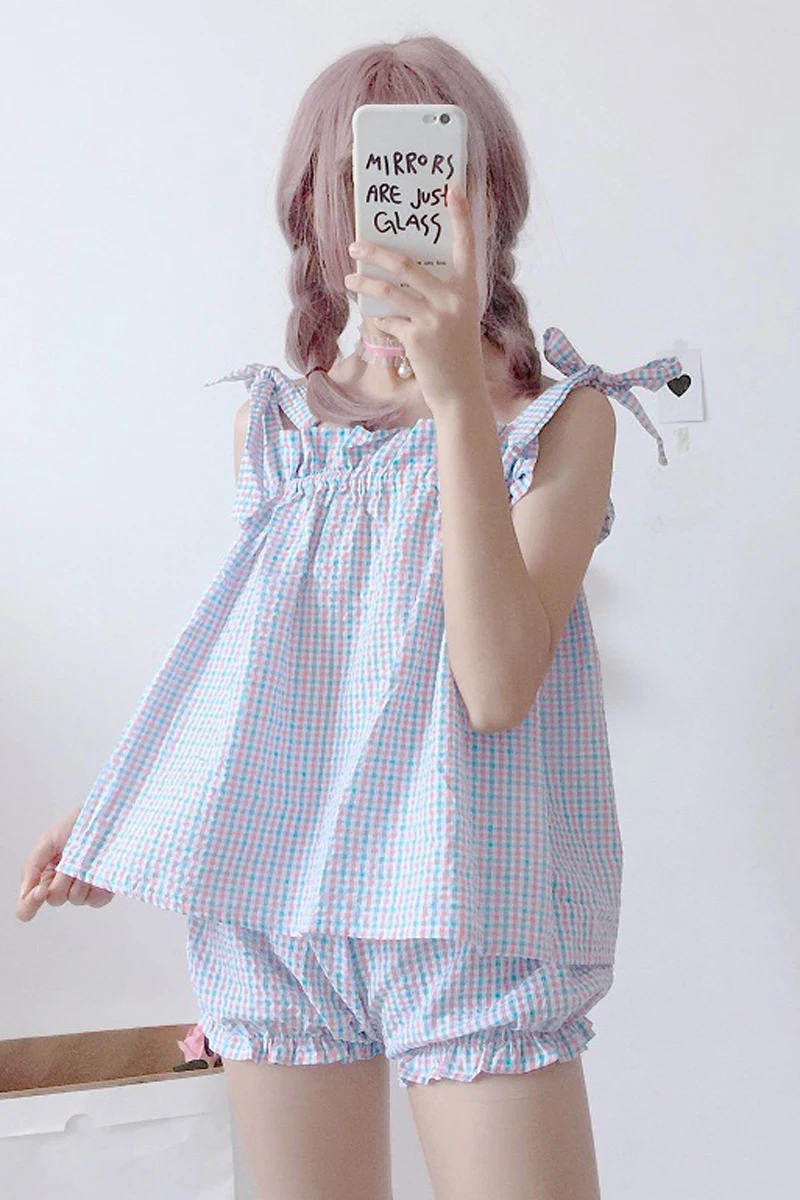 

2019 Summer New kawaii women two-piece suit Harajuku sweet belt strap top+ shorts home female pajamas set