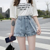 summer women vintage high waist denim shorts blue wide leg jeans female casual fashion short with buttons loose solid streetwear