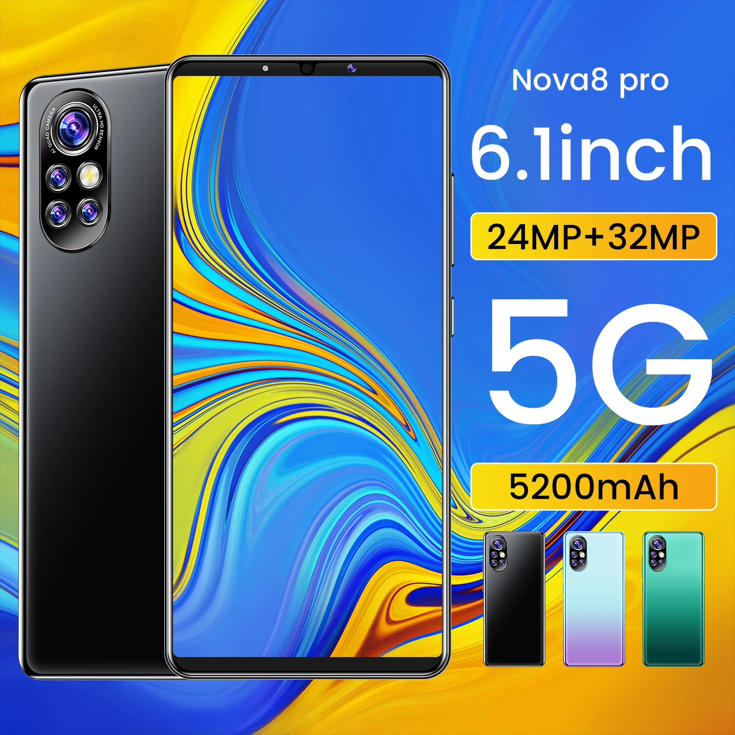 

2021 6.1inch Nova8 Pro 5200mAh 5G Global Version Smartphones Android 10 Cell Phones Unlocked 24MP+32MP MTK6889 12 GB 512 GB