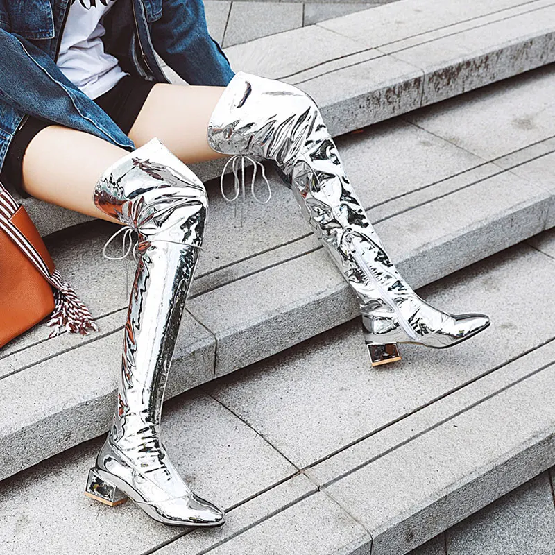 Женские ботфорты с квадратным носком на молнии перекрестной шнуровкой|Ботфорты|