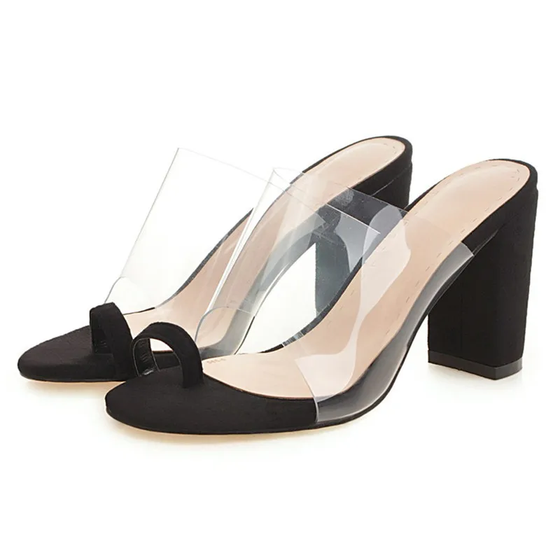 

High Heels Mules Shoes Woman Block Heel PVC Transparent Clear Shoes 2020 Summer Sandals Ladies Outdoor Slippers Plus Size 45 46
