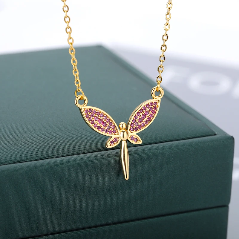 

Gothic Dragonfly Necklaces For Women Lover Pink Zircon Crystal Flower Fairy Elf Necklaces Aesthetic Angel Jewelry Collier Femme