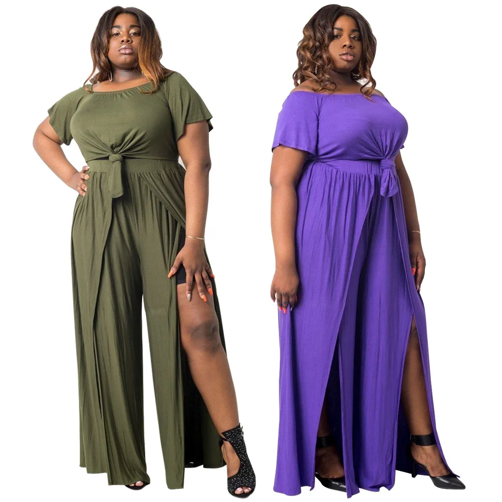 

2021 Summer Women Plus Size Loose Two Piece Sets Casual O-neck Short Sleeve T-Shirts + Split Wide-leg Pants Solid Color Outfits