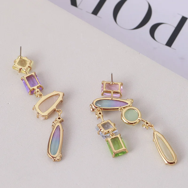 

European and American jewelry wholesale asymmetric gradient color translucent crystal long earrings geometric color earrings