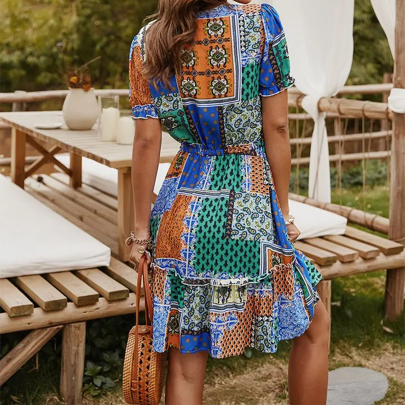 

Bohemian Women Short Dress Red Yellow Pattern With Flower V-Neck Beach Hot Dress For Women