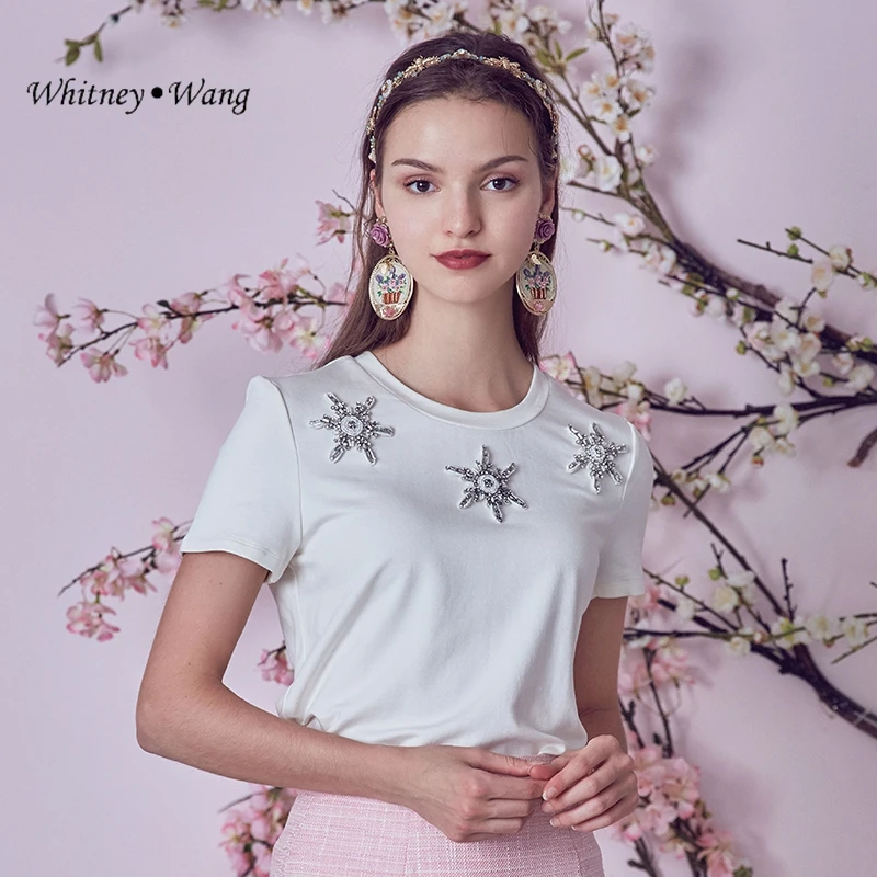 WHITNEY WANG футболка 2020 летняя модная уличная ручной работы с бисером и цветами