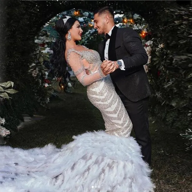 Dubai Feather Mermaid Prom Dresses Saudi Atabia Sheer Long Sleeves Sexy Backless Sweep Train Evening Gowns Robe De Soiree 2021