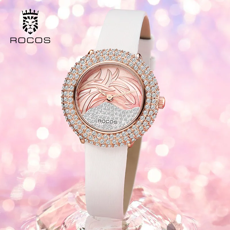 ROCOS  Fashion Women Watch Diamond Elegant Leather Band Wristwatches For Women Feather Pink Dial Quartz Watches relogio feminino