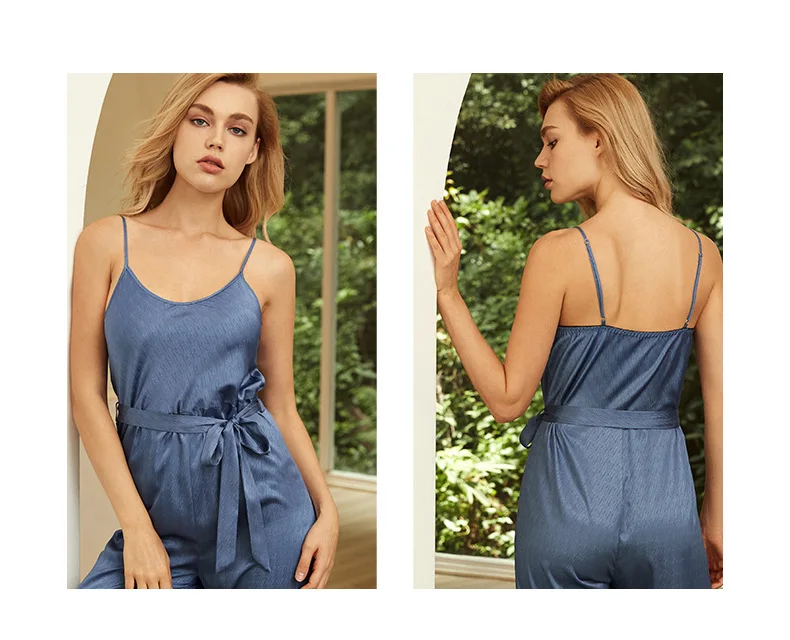 

Sleepwear Women Halter Pants and Pants Simulation Faux Silk Home Clothes Round Neck Sleeveless Lounge Wear