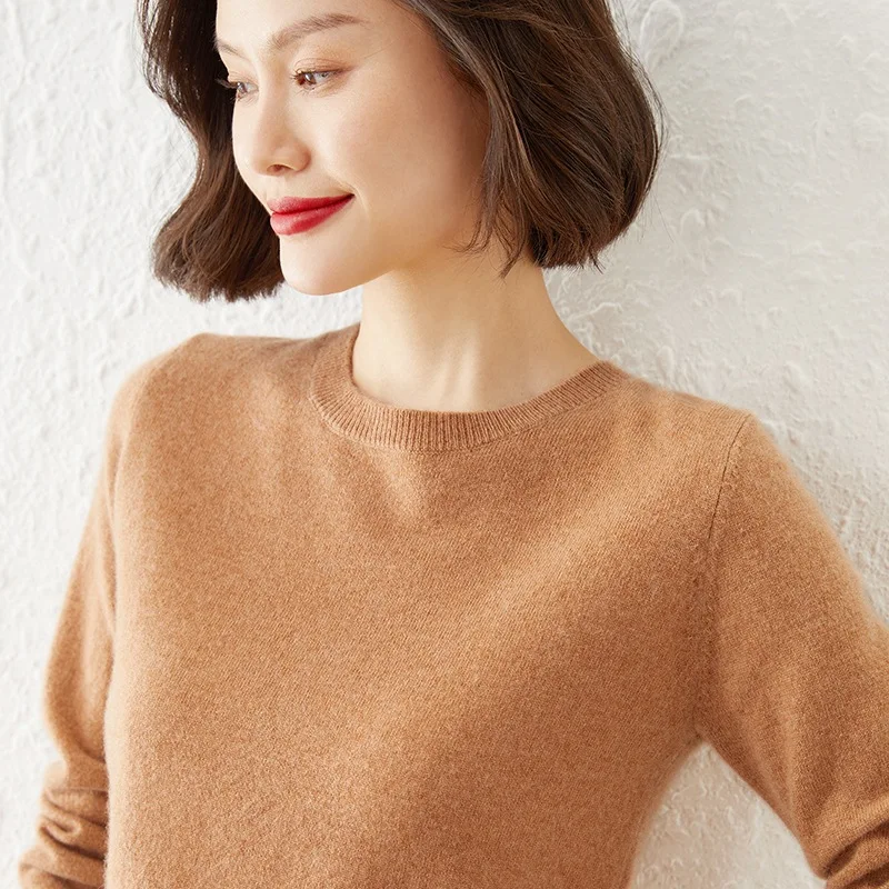 Осенне-зимний женский свитер с круглым вырезом кашемировый однотонный пуловер