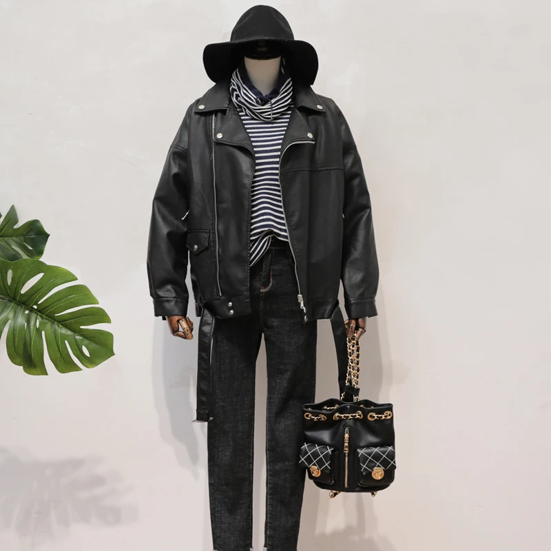 Куртка из искусственной кожи высокого качества Осенняя Женская свободная