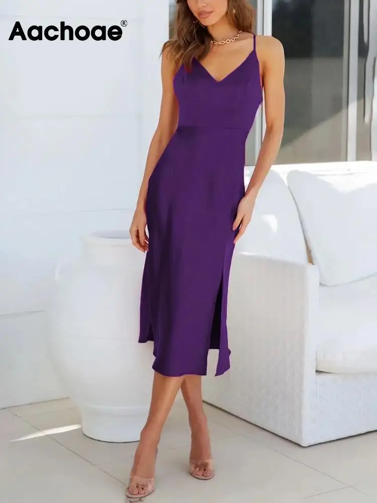 

Aachoae New Women Solid Color Side Split Dress Sexy Spaghetti Strap A Line Dress Ladies Club Party Elegant Midi Dress Robe