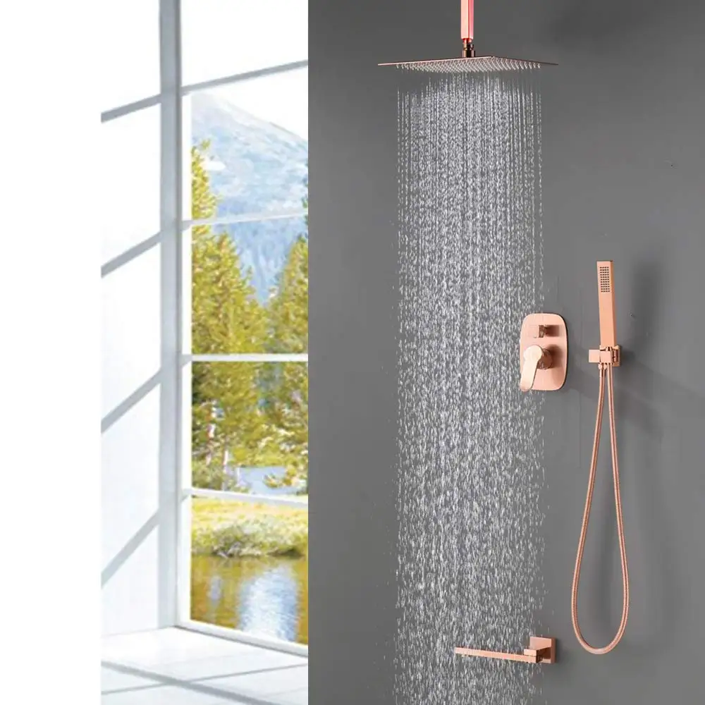 Hongdec Bathroom Brass 12 Inch Ceiling Mount Rainfall Shower Faucet System Mixer Set ,Brushed Rose Gold Finsh