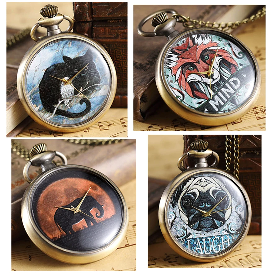 Слон Ганеш карманные часы Fob цепочка Ожерелье Подвеска мужчины лиса кошка щенок