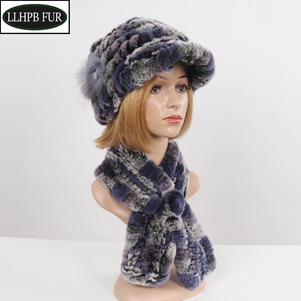 2 шт. трикотажные Настоящий мех кролика шапка и шарф Новая женская зимняя из меха