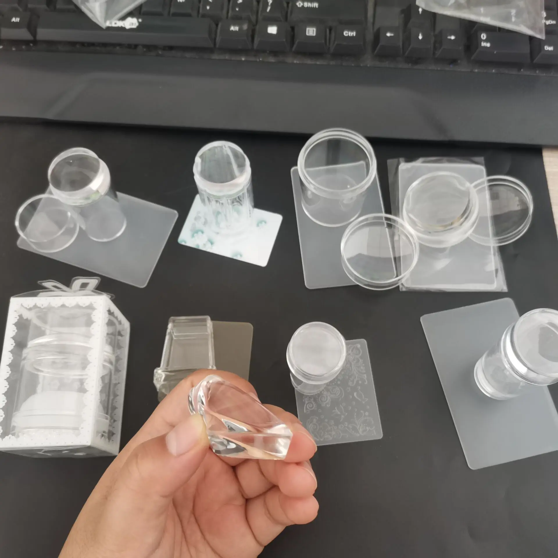 

SOFE'S-1Pc Nail Clear Jelly Head Stample Silicone Set Print Plate&With Scraper French Manicure Tool Chessman Square Seal#45682