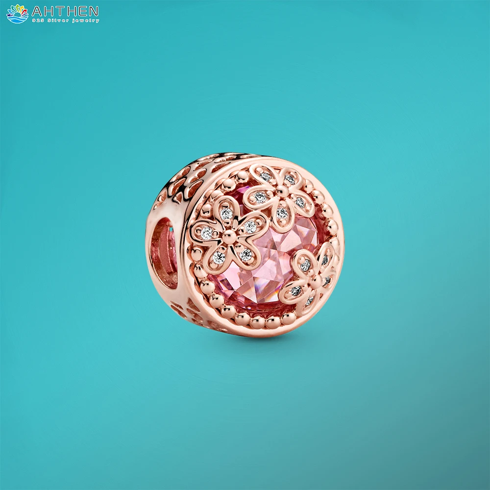 

Ahthen s925 Sterling Silver Beads Sparkling Pink Daisy Flower Charms fit Original Pandora Bracelets Women DIY Jewelry Making
