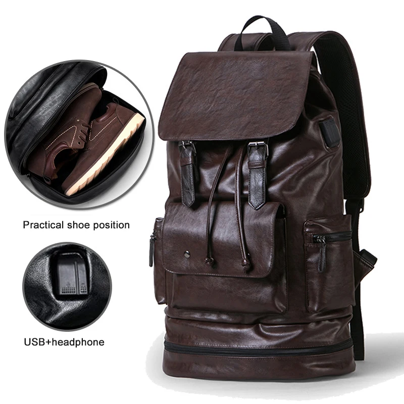 Men's Backpack PU Leather Shoe Compartment Large Capacity Rucksack Men For Traveling with USB Charging K015