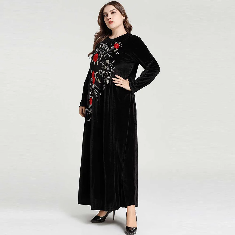 Зимнее бархатное платье для женщин мусульманские платья с вышивкой цветочные