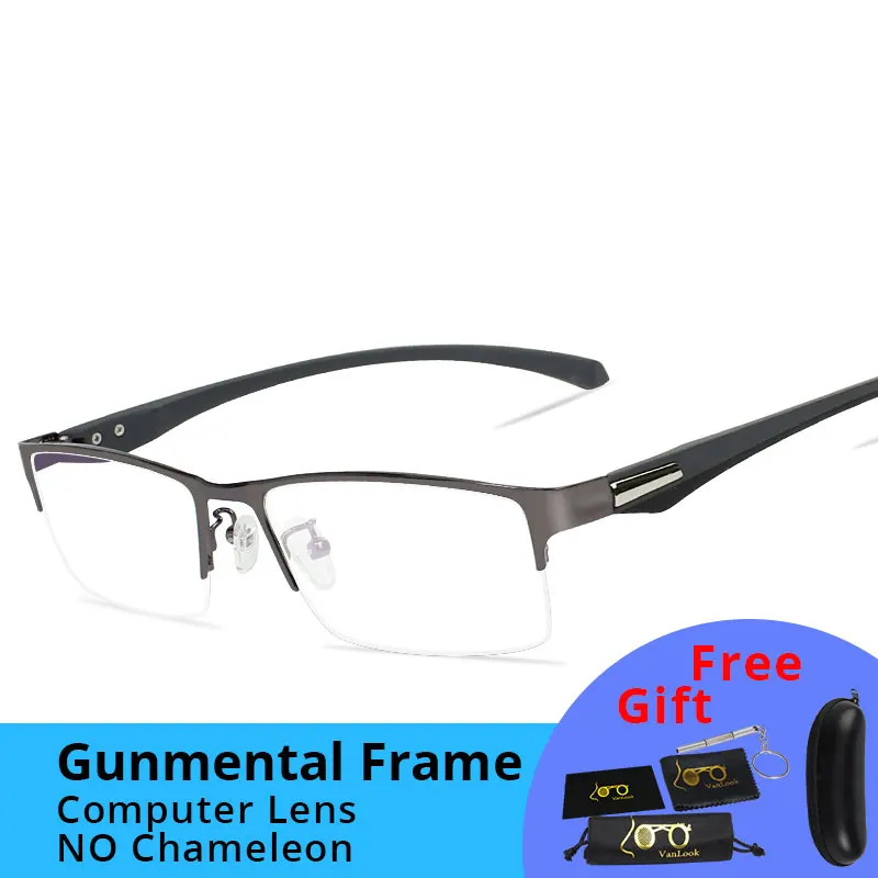 Gunmetal Фотохромные очки Хамелеон Линзы Близорукость Blue Light Blocking Мужские компьютерные очки Игра на прицел-0,50-0,75-175-5,5-6 - Цвет оправы: Gunmetal