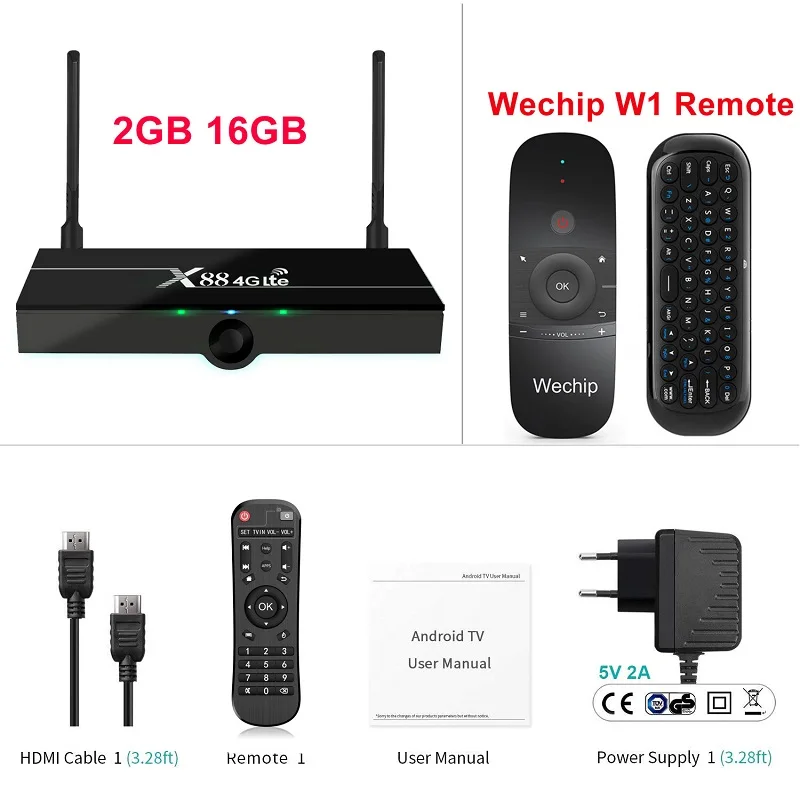 2GB16GB W1 remote ТВ-приставка Wechip X88 4G Lte Android 9,0 поддержка 4G Nano SIM карты 2 Гб 16 Гб RK3328 2,4G& 5G двойной Wifi 4K 1080P HD 30 ТВ-приставка - Цвет: 2GB16GB W1 remote