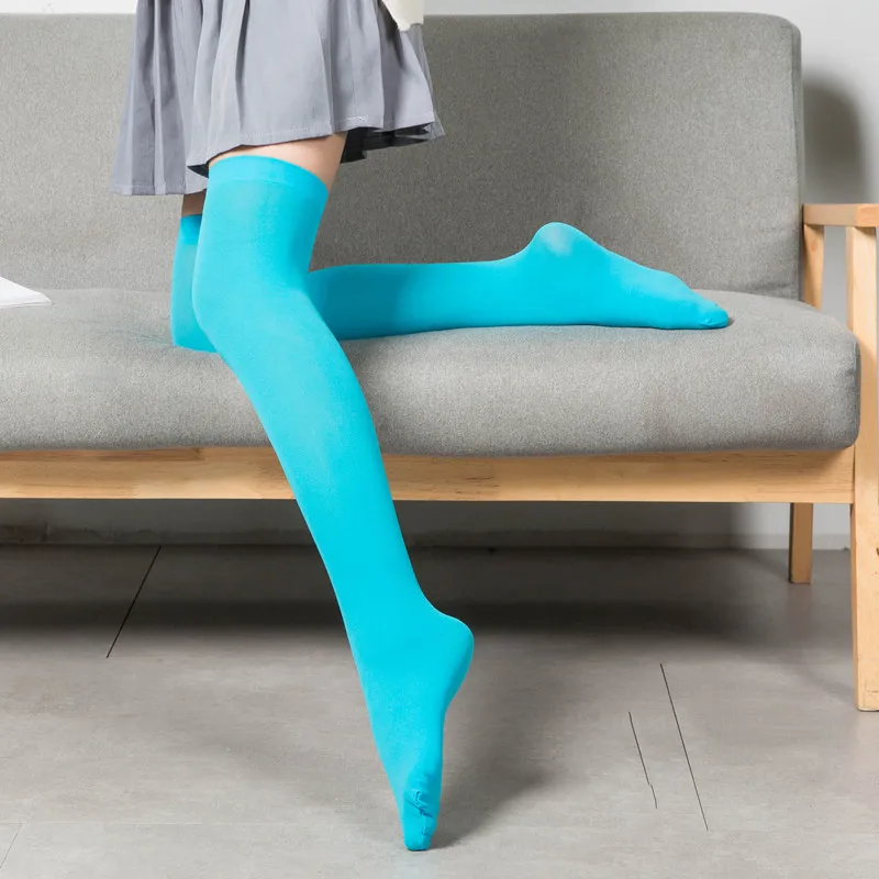 KF28 sky blue Яркие цветные чулки; Новинка; Модные женские пикантные чулки; повседневные чулки выше колена; Акриловые высокие чулки для девочек - Цвет: KF28 sky blue
