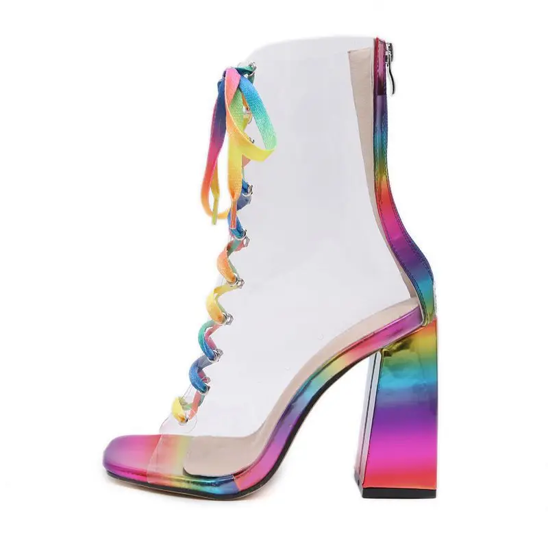 

Туфли женские на высоком каблуке 8 см, прозрачные красочные, на шнуровке, платформа, квадратный каблук, в стиле ретро