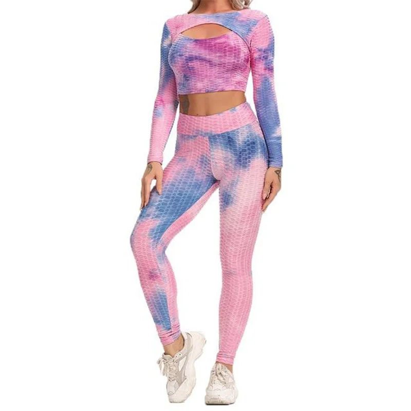 

MANZHI 2021 Net Red New Tie-dye Long Sleeve Sports Top + Yoga Pants 2-piece Set Comfortable Tight Fitness Running Suit Set