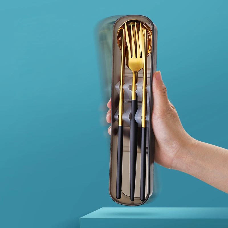 

Reusable Gold Dinnerware 3pcs Stainless Steel Travel Camping Cutlery Set Fork Spoon Chopsticks with Case Free Shipping