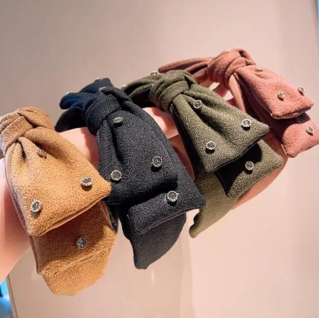 

Корейские осенне-зимние новые ретро шикарные шерстяные Стразы в стиле девушки с бантом двухслойные трехмерные повязки для волос