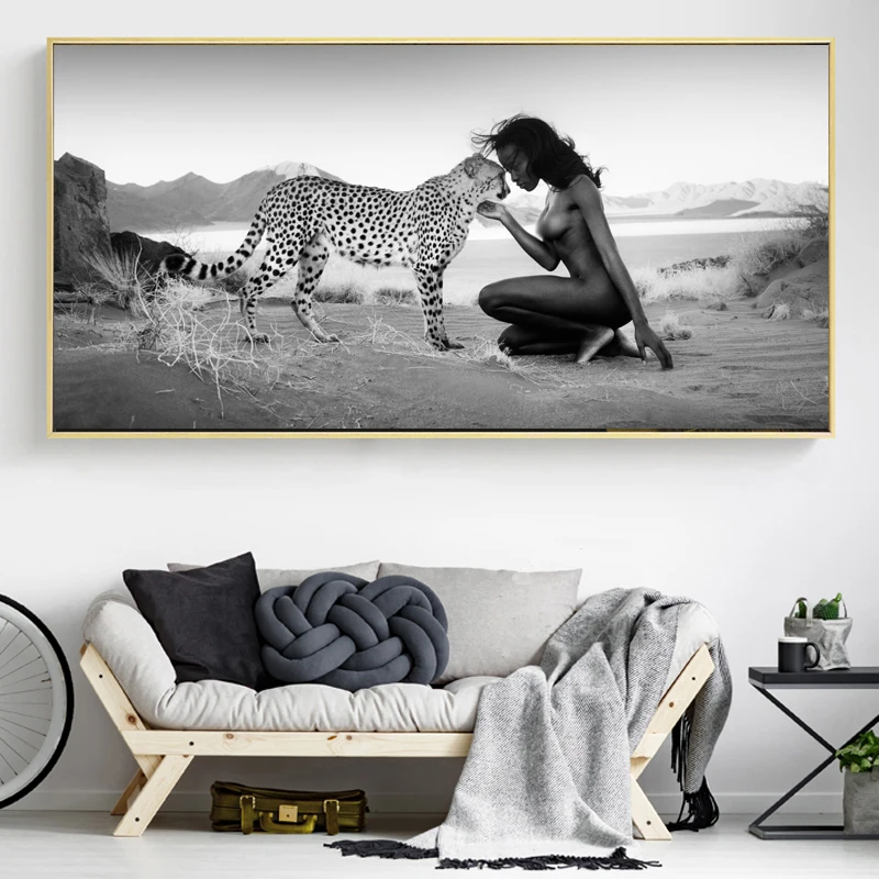

Black White Natural Landscape Posters and Prints Wall Art Canvas Painting Snow Leopard and Nude Women Picture for Living Room