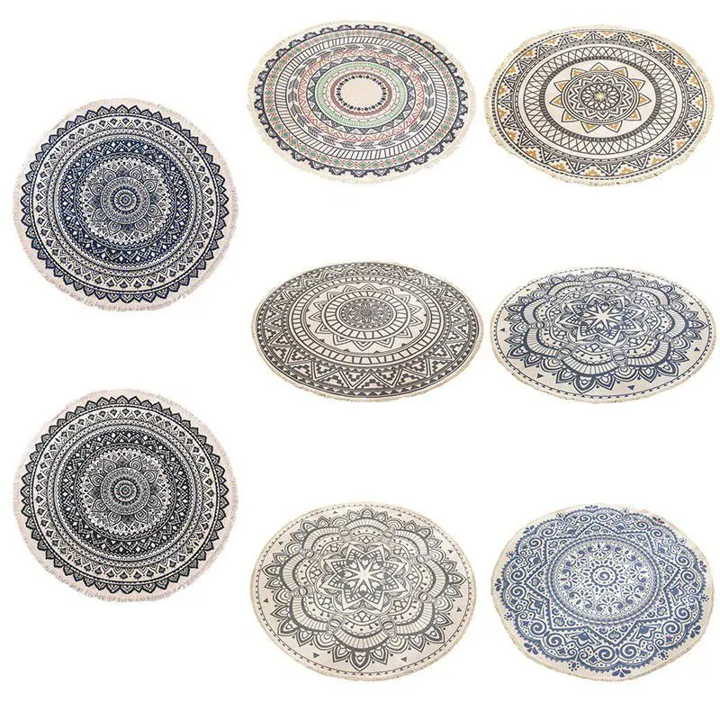 

National Wind Retro Round Cotton Carpet Home Living Room Coffee Table Printed Floor Mats Bedroom Study Round Carpet