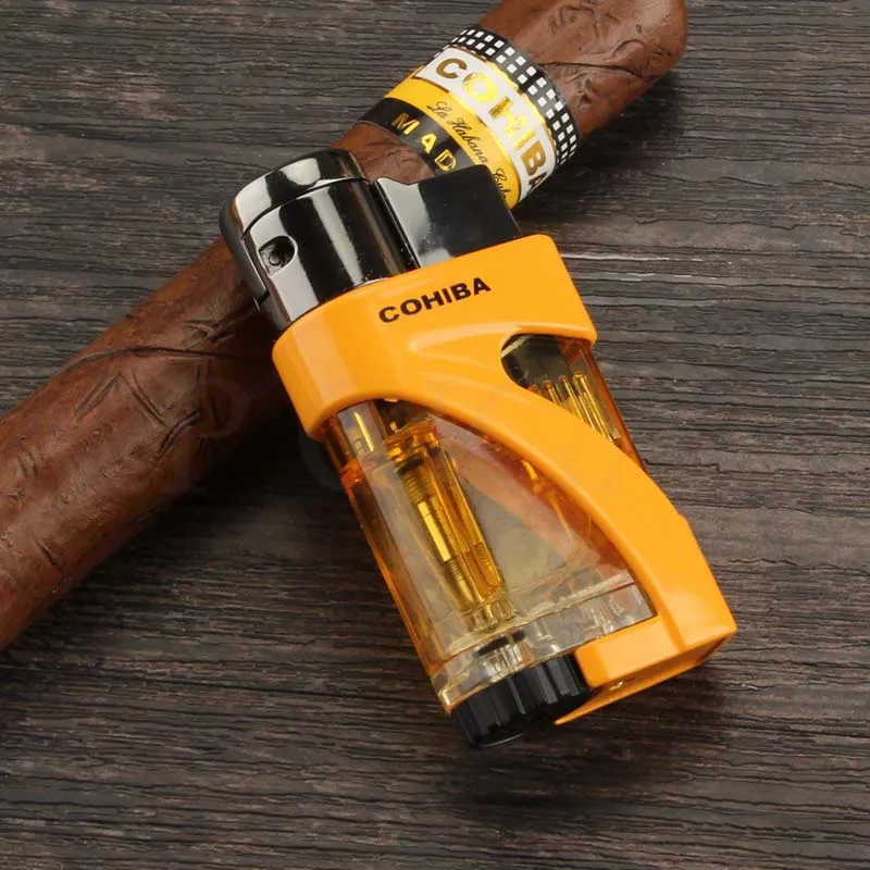 COHIBA фонарь газовая зажигалка карманная Ветрозащитная 2 струйная Зажигалка для сигар наружная металлическая газовая зажигалка многоразовые аксессуары для сигар - Цвет: Yellow