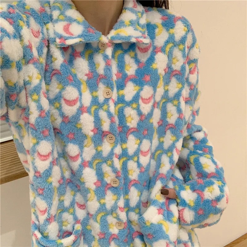 

Winter Flannel Kawaii Pajamas Soft Warm Moon Stars Pyjamas Women Girl Thickened Plush Coral Velvet Lounge Wear