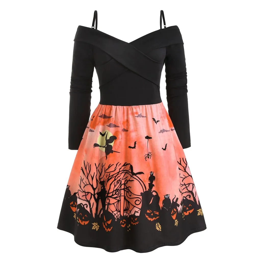 Элегантное женское платье с принтом на Хэллоуин платья бретельках открытыми
