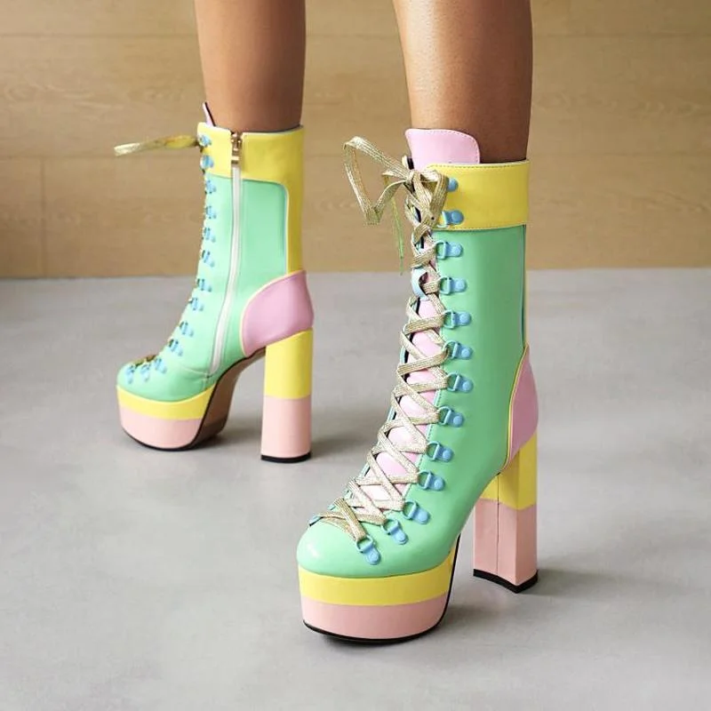 FXYCMMCQ Winter Women's 13cm Super High Heel Catwalk Style Nightclub Color Matching Sexy Lace-up Boots 1016