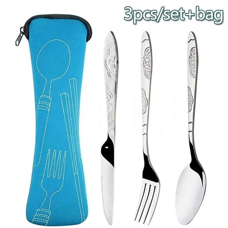 

3pcs/7pcs Set Dinnerware Portable Printed Stainless Steel Spoon Fork Steak Knife Set Travel Cutlery Tableware with Bag