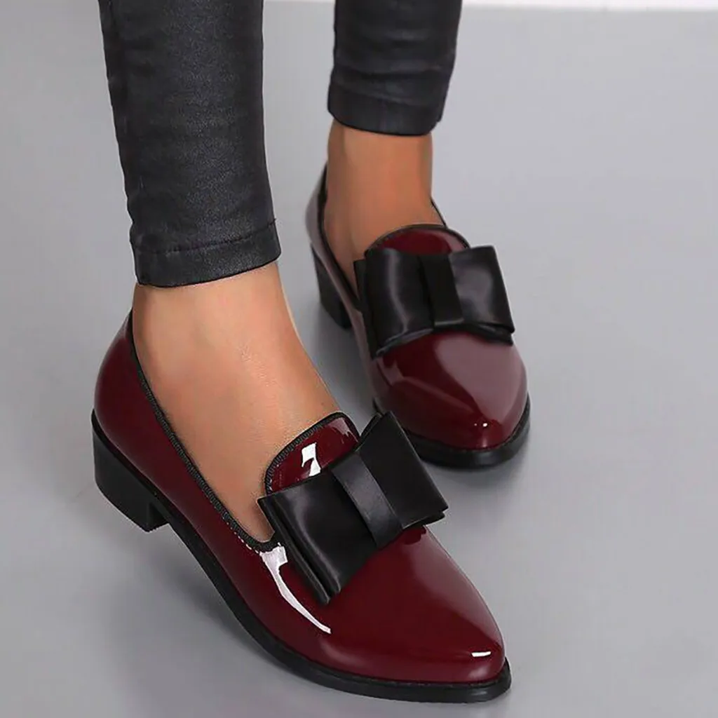SAGACE Autumn Flats Women Shoes Bowtie Loafers Patent Leather Women's Low Heels Slip On Footwear Female Pointed Toe Thick Heel