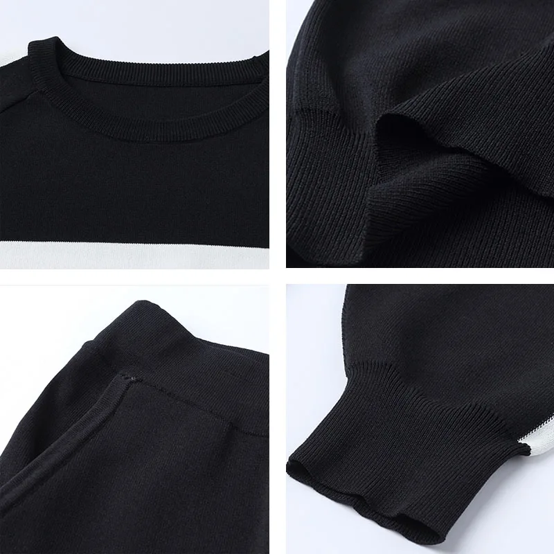 

Casual gym Tracksuit Summer Stripe Knitted sport 2 Peice Set For Women Contrast Color O-Neck Knitwear Tops + Ankle Banded Pants