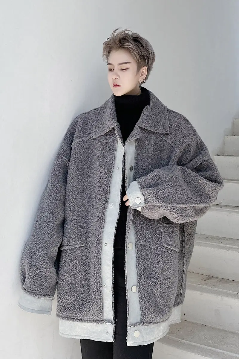 

IEFB Autumn Winter Fur One-piece Jacket Men's Loose Fleece Gray Coat Oversize Streetwear Fashion Clothes New Warm Coat 9Y4458