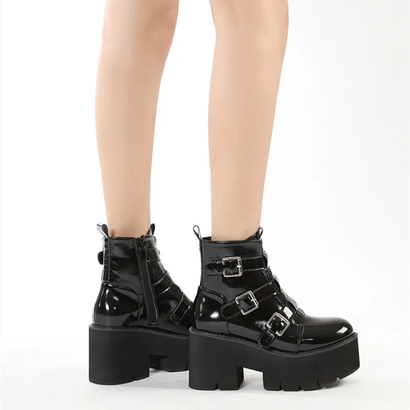 Lace-up Belt Buckle Ankle Women's Boots New Thick Sole Chunky Heel Motorcycle Boots 2021 Autumn Winter Footwear