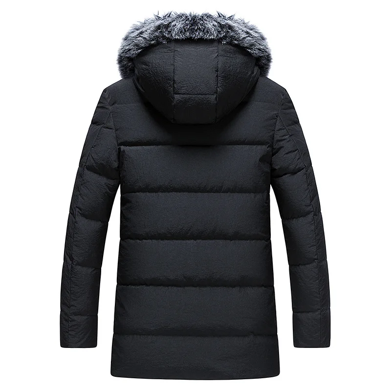 Мужская длинная куртка на белом утином пуху с меховым воротником и карманами
