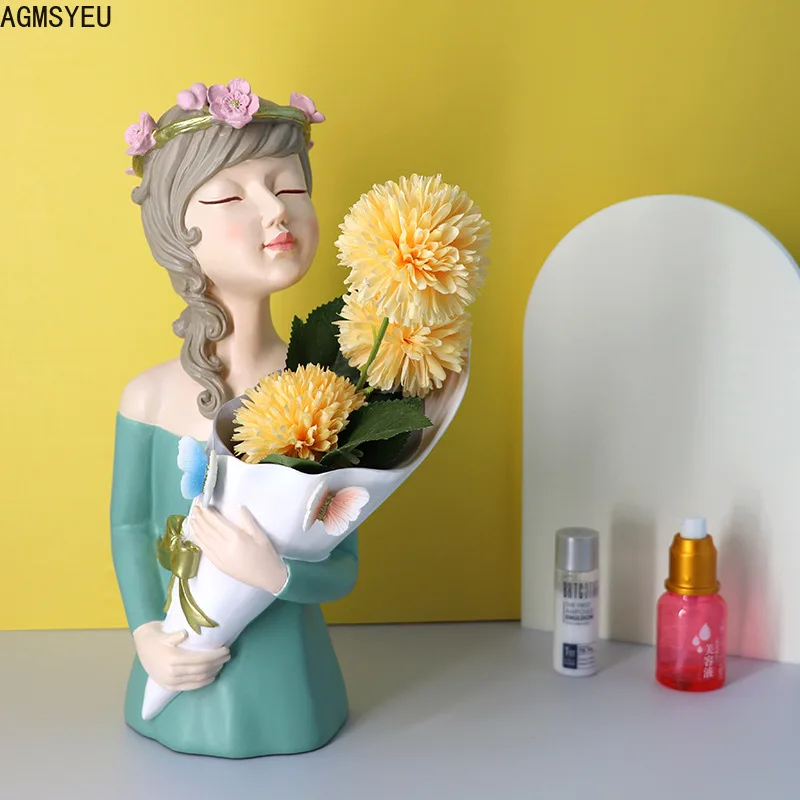 

AGMSYEU Nordic Creative Holding Vase Girl Resin Crafts Housewarming Gift Living Room Flower Arrangement Vase Home Decoration