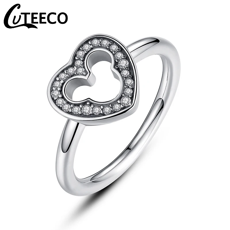

Cuteeco Heart Rings For Women Engagement Girl Love Gift Bague Original Mickey Pan Ring Clear CZ Wedding Fashion Jewelry
