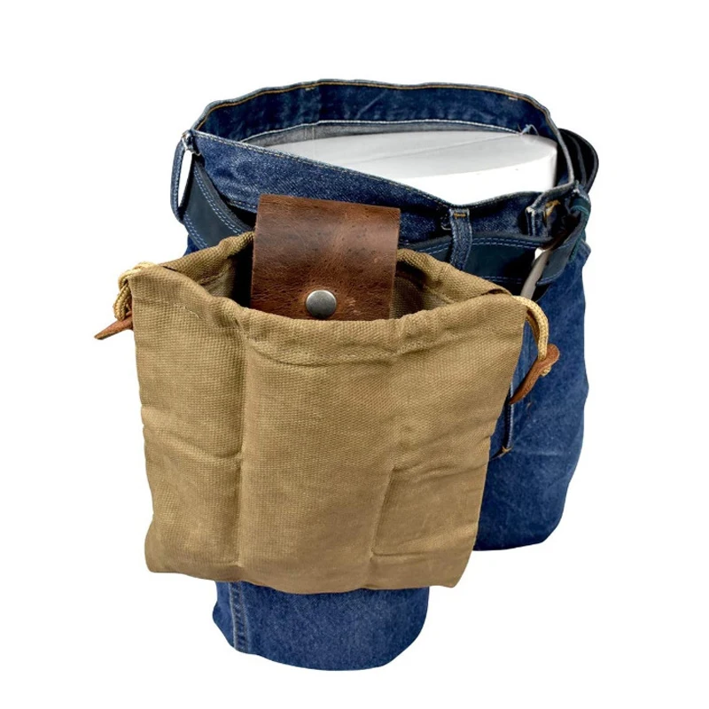 

Canvas Waist Bag with Leather Cover & Buckle Foldable Heavy Duty Tool Pouch with Drawstring for Outdoors Camping MAZI888